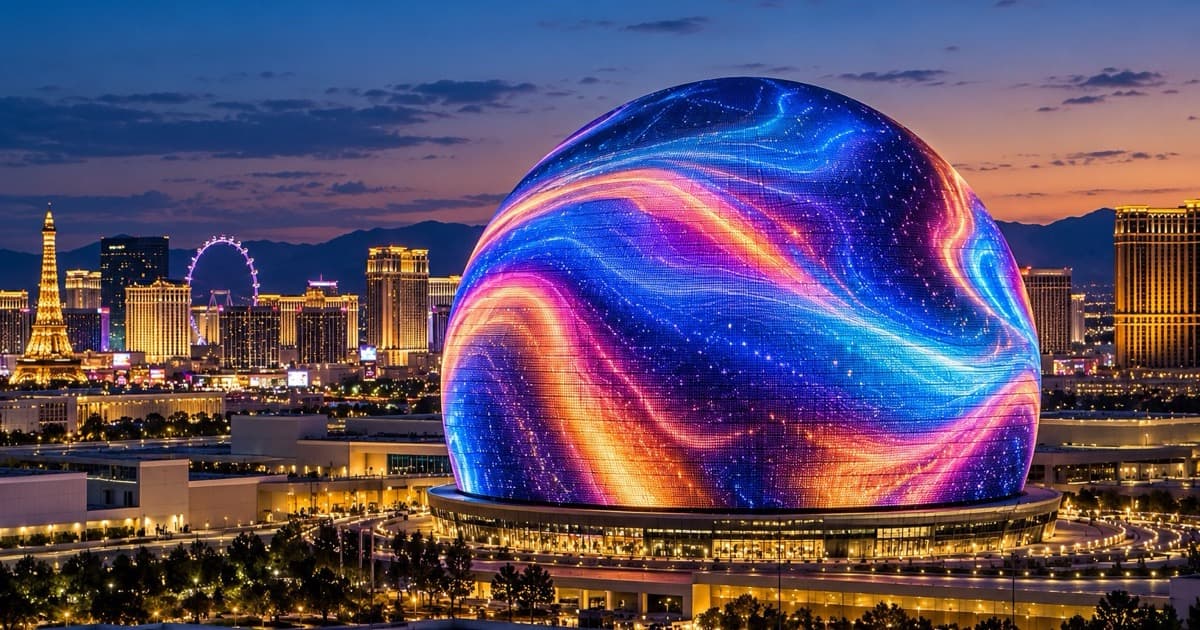 The Sphere Las Vegas glowing over the Strip at blue hour
