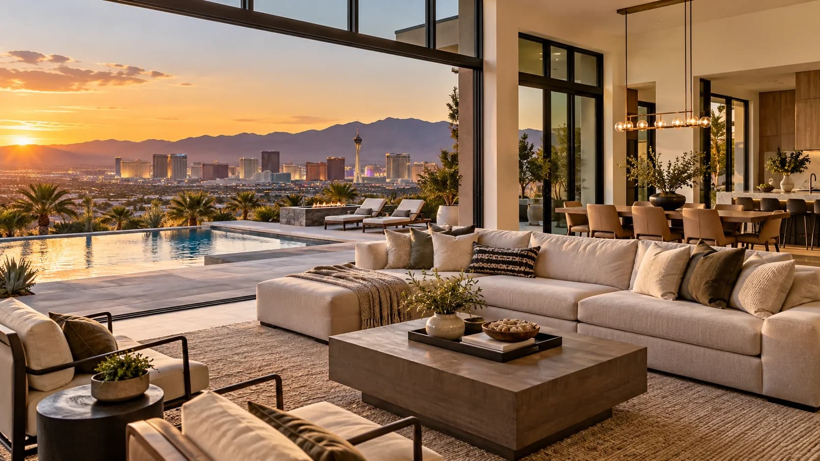 Illustrative Las Vegas vacation home living room at sunset for a whole-home rental comparison guide