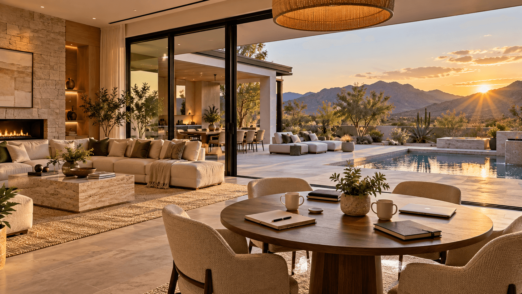Illustrative Las Vegas private vacation home with an outdoor team table, pool, and desert hills at sunset
