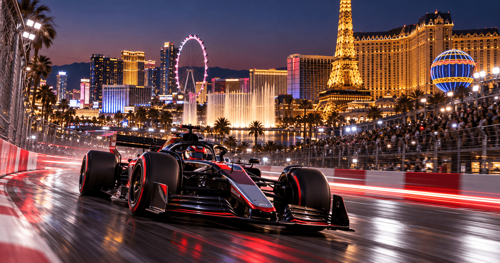 Formula racing car on the Las Vegas Strip at night