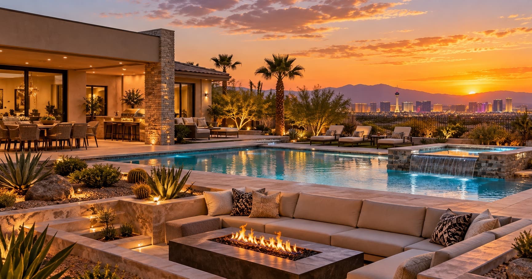 Las Vegas luxury vacation home's private pool and outdoor gathering area at sunset