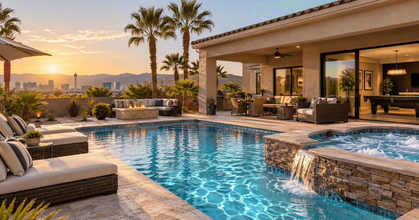 Las Vegas vacation home pool, spa, and outdoor living area at sunset