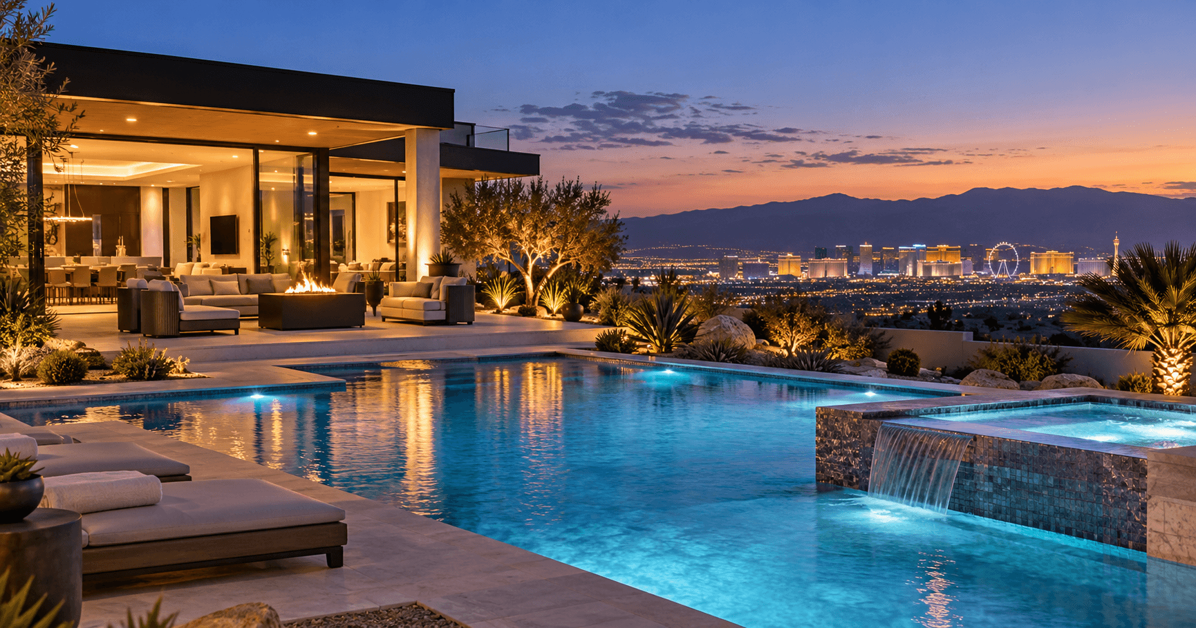 Las Vegas luxury vacation home with a private pool overlooking the city at sunset