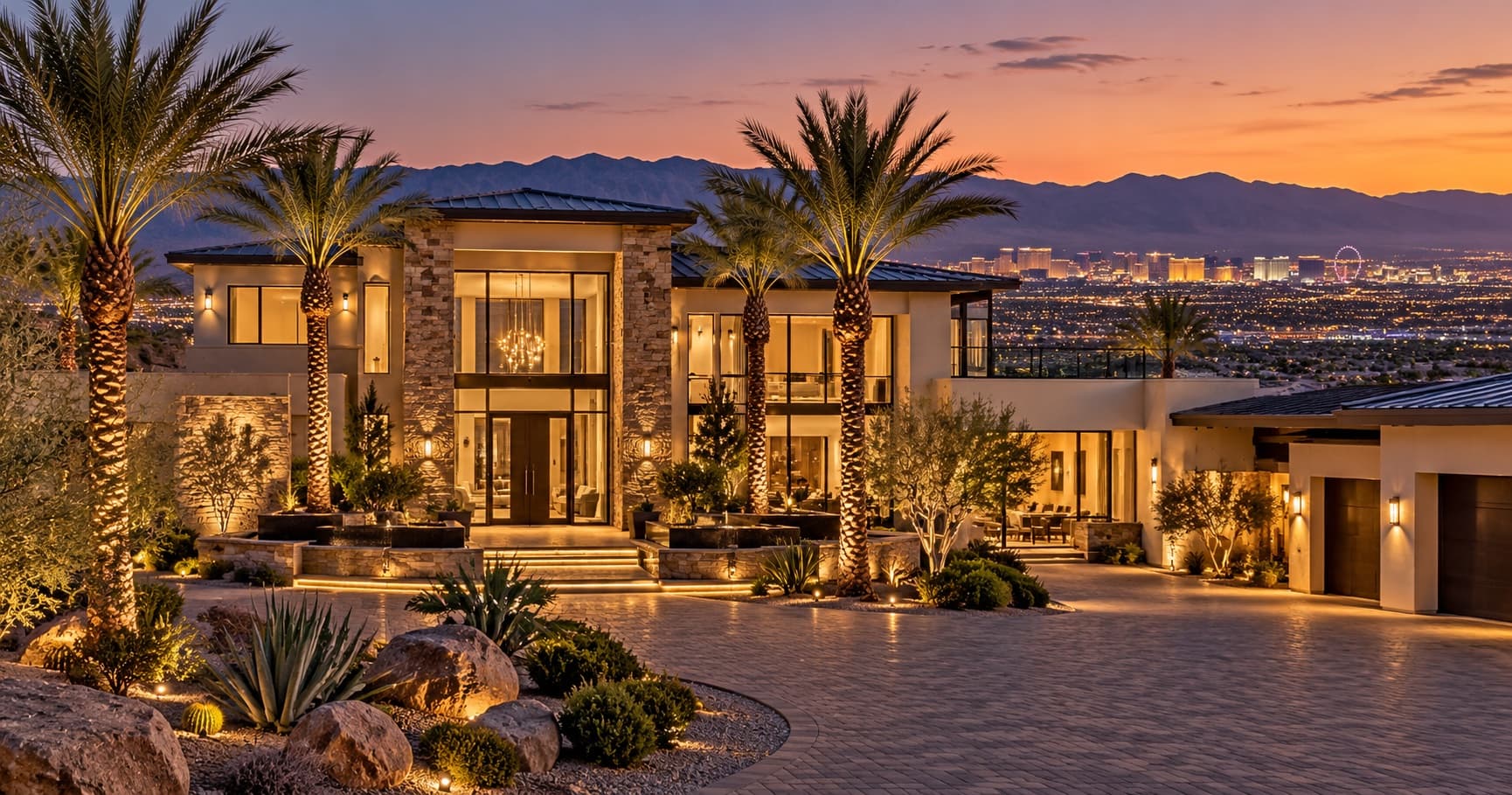 Modern Las Vegas estate at twilight with desert mountains in the background