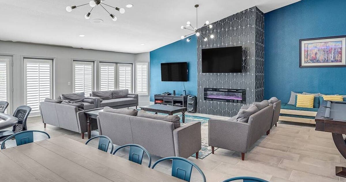 Open living room and dining area at a vegasbnb luxury vacation home in Las Vegas