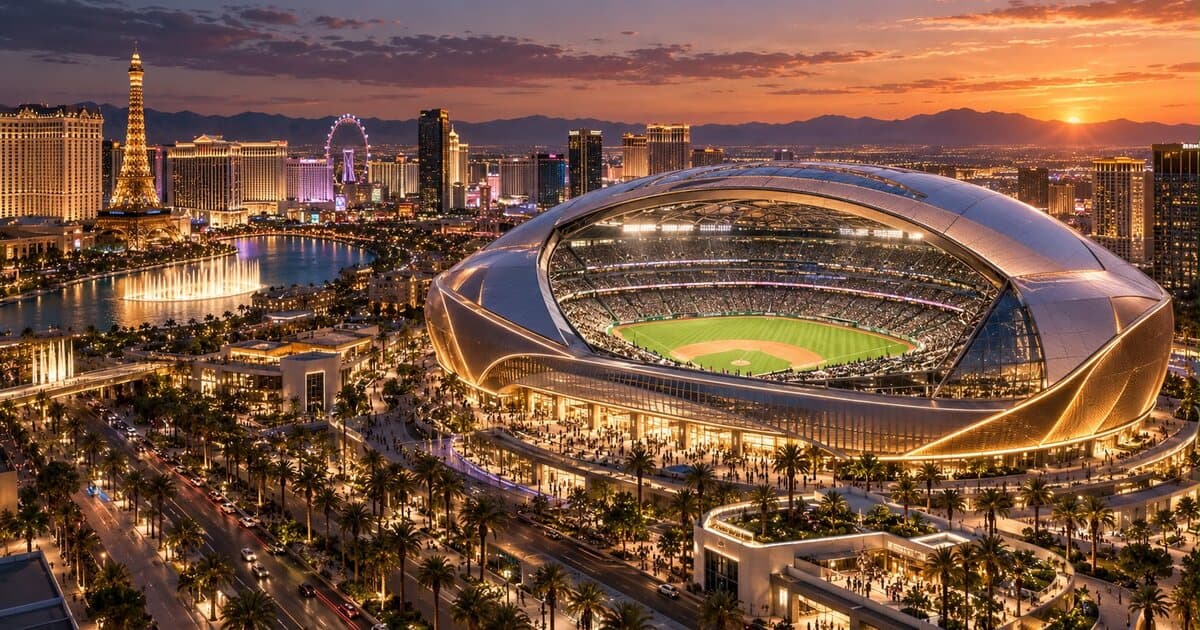 The new Las Vegas A’s stadium at sunset
